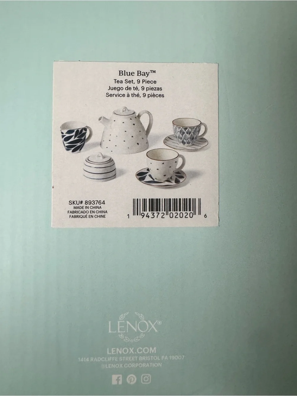 Lenox Blue Bay White and Blue 9-piece  Porcelain Tea Set